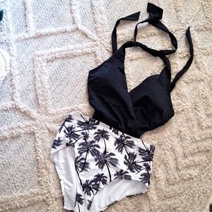 NWOT Black & White Tropical Deep Cut Halter/Tie Back One Piece Bathing Suit